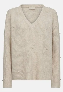 Freequent Stickad tröja med pärldetaljer Crememlange Sale