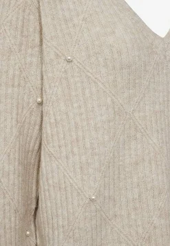 Freequent Stickad tröja med pärldetaljer Crememlange Sale